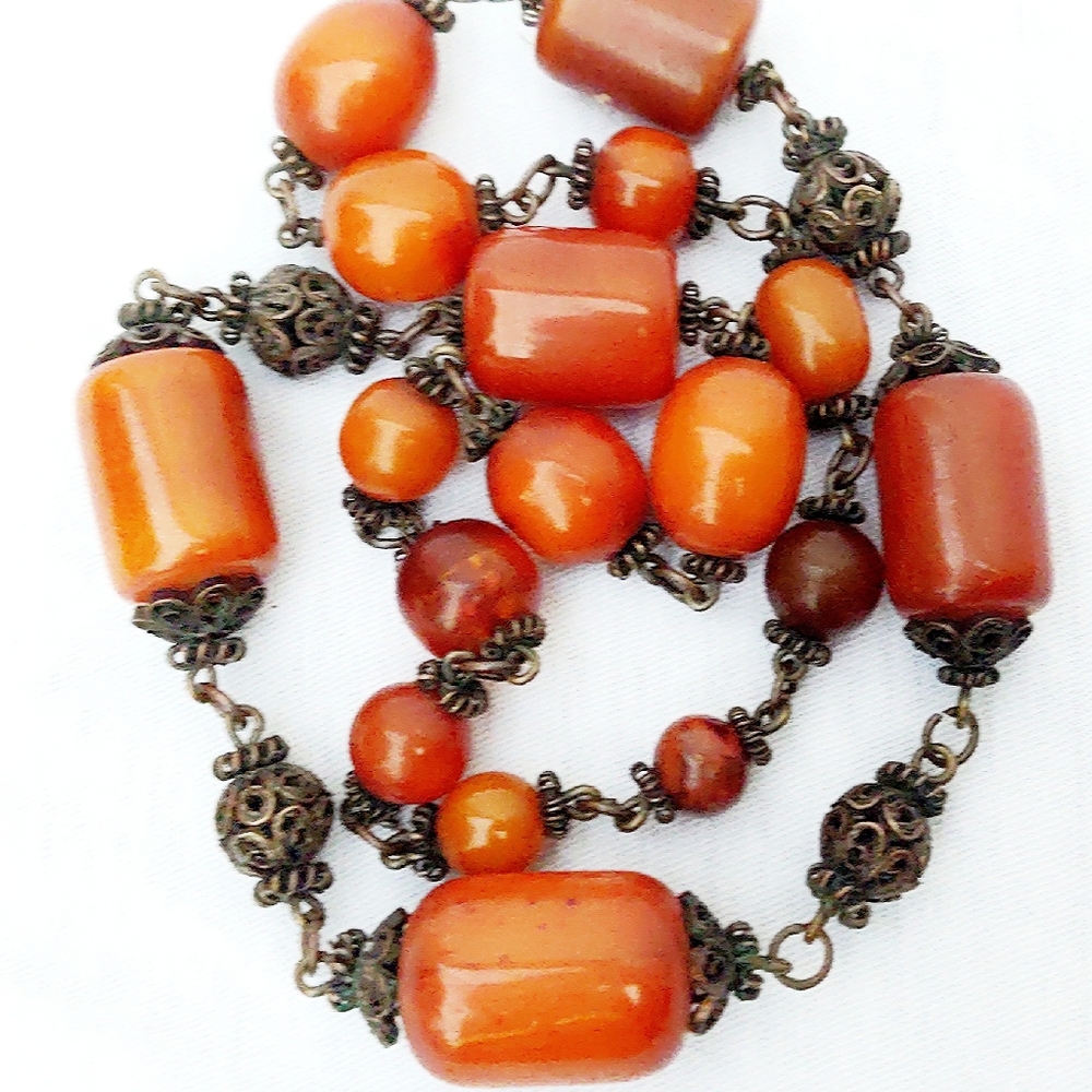 Vintage Baltic Amber Barrel Bead & Copper Necklace